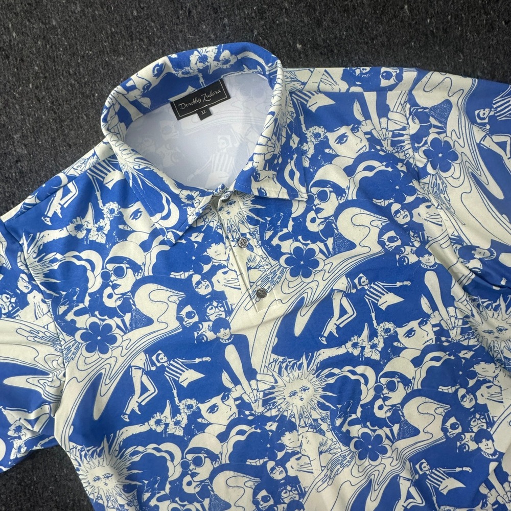 Dorothy Zudora Mens XL Blue Hawaii Retro Golf Polo Shirt Psychedelic Pop Art USA